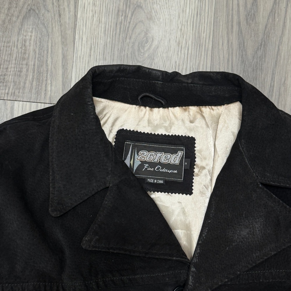Vintage Black Suede Leather Jacket 26Red Medium Button Front Satin Lined - Picture 2 of 7